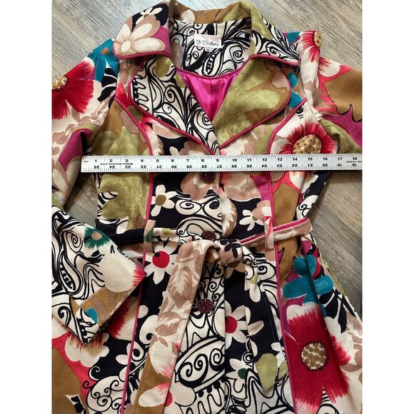 3 Sisters Trench Coat Floral Velvet Colorful Rhinestone Buttons Belted Small - Picture 3 of 9